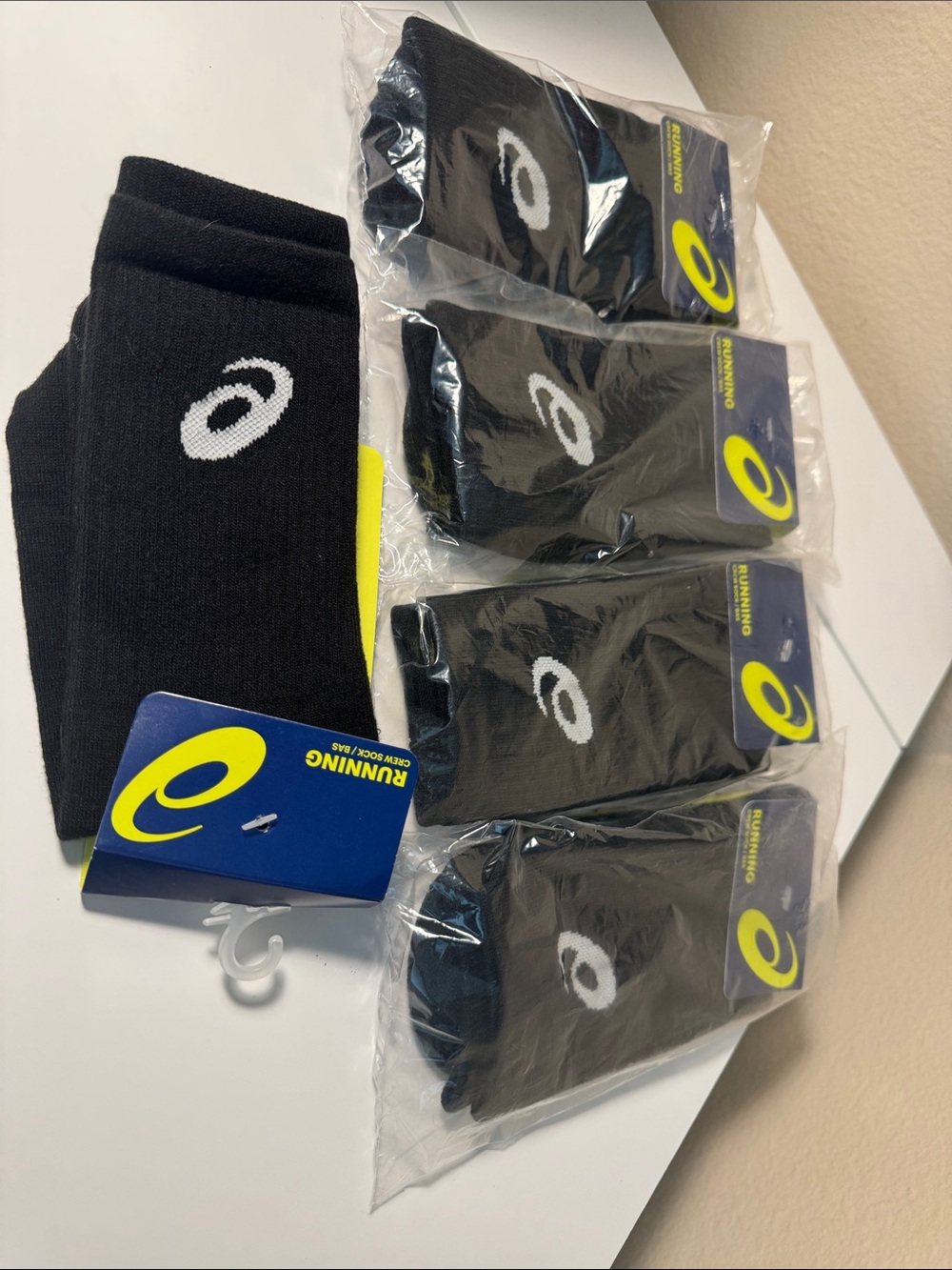 5 pair Asics Black Crew Athletic Running Socks with White Logo - Pack